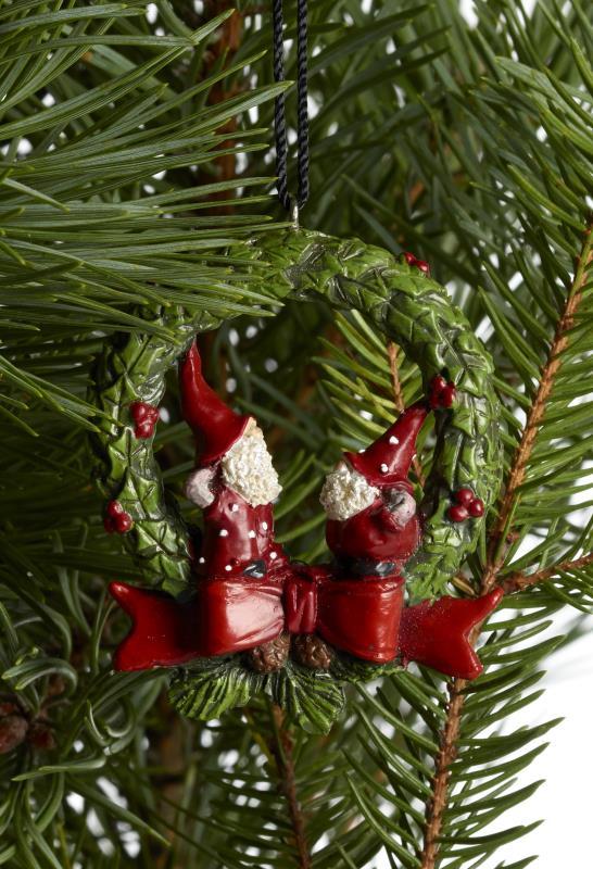 7252-7 - julgransdekoration - elmer och max - tomtar - dekoration - present - hängande - röda prickar - tomteluvor