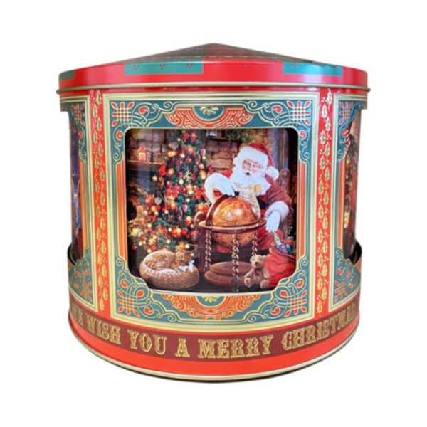 plåtburk i julens tema. En jultomte i trumma som du kan förvara godis eller kakor eller nötter vid jul eller högtid som lucia. Funkar som en förvaring eller dekoration.