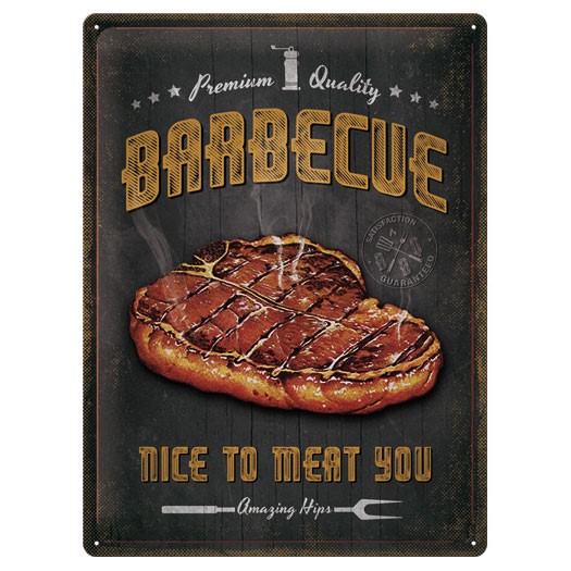 Plåtskylt - barbecue - inredning - grill - matlagning - present - svart - orange - bromma kortförlag - Nice to meat you - rolig